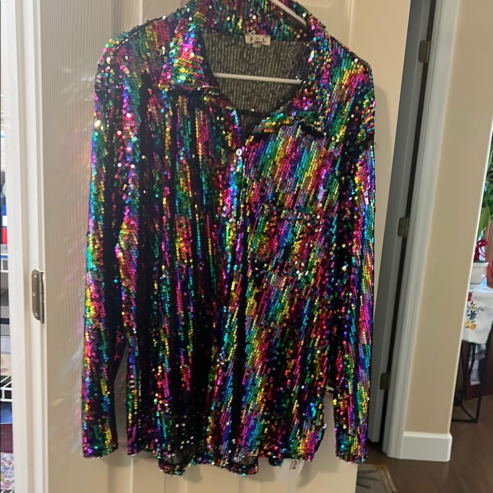 Multicolor DISCO Sequin Button-Up Shirt Size Small